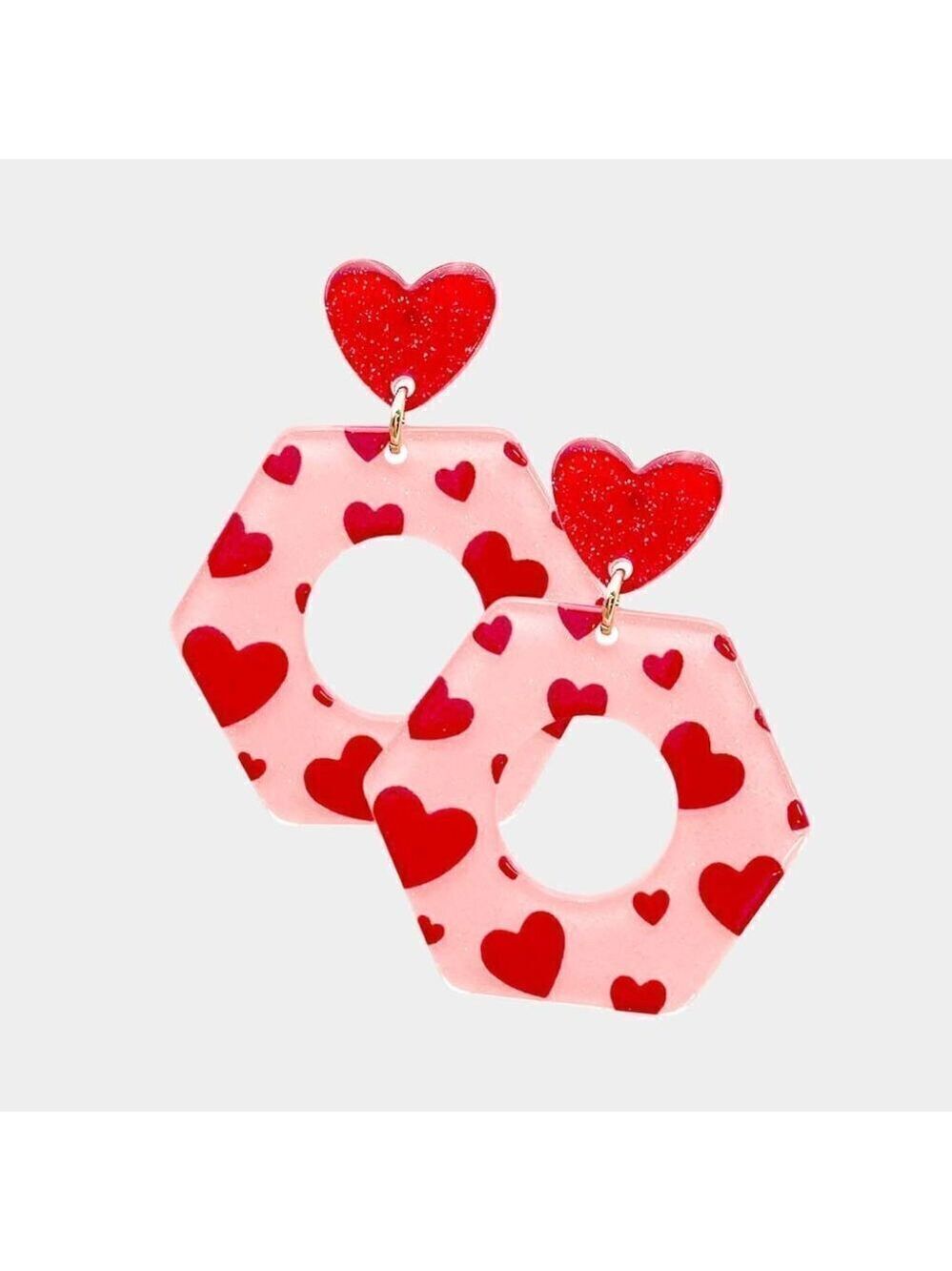 NEW Red Pink Glitter Heart Resin Dangle Earring